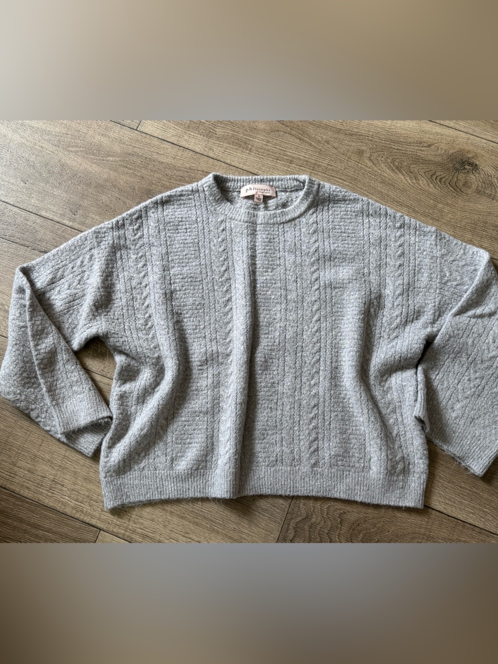 Philosophy Light Gray Cable-Textured Crewneck Sweater